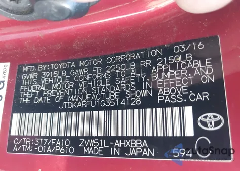 2016 Toyota Prius Two Eco from USA, damaged, VIN JTDKARFU1G3514128